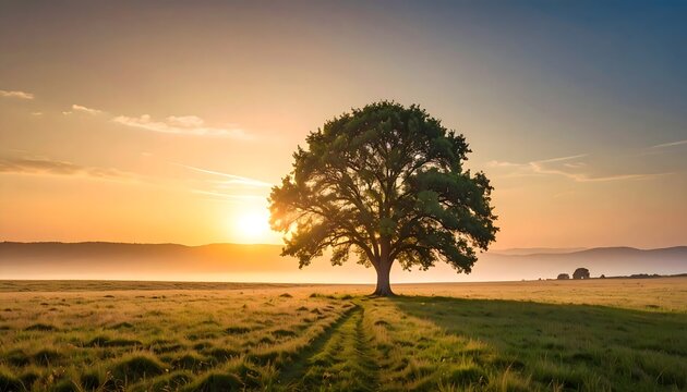 &Aacute;rbol solitario en pradera al amanecer con luz dorada y cielo despejado sobre paisaje rural