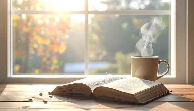 Libro abierto y taza humeante junto a una ventana con luz c&aacute;lida en un rinc&oacute;n de lectura acogedor