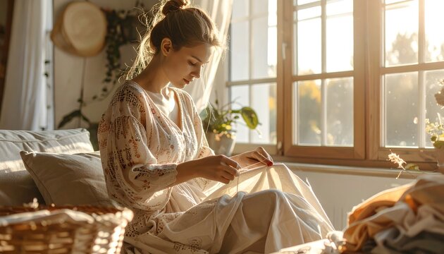 Mujer joven cosiendo a mano junto a una ventana con luz c&aacute;lida en un interior acogedor