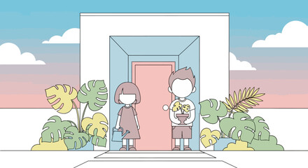 Couple stands in doorway with plants illustration on transparent background silhouette © Md