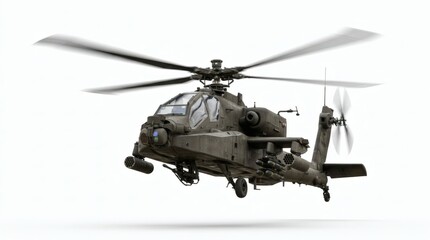 Fototapeta premium Military Attack Helicopter in Flight Isolated on White Background, Armed Combat Rotorcraft with Dynamic Perspective and Advanced Aviation Technology
