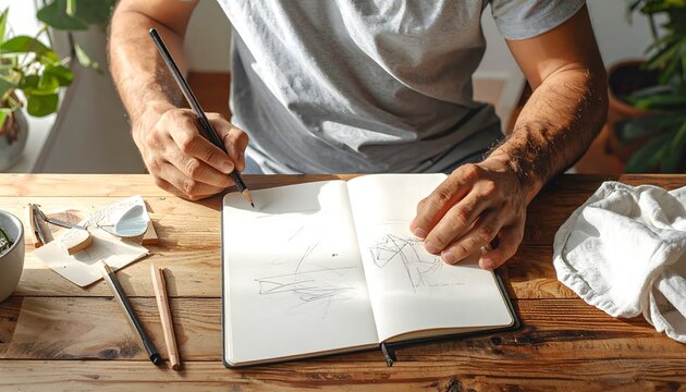 Hombre dibujando bocetos en un cuaderno sobre mesa de madera durante un proceso creativo en casa