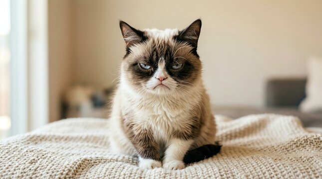 Grumpy Cat with Angry Facial Expression Sitting on Bed
