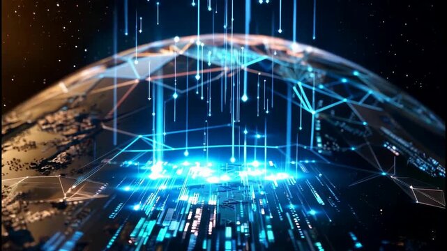 A futuristic illustration of Earth with glowing blue digital connections and lines representing global technology and communication networks in space.