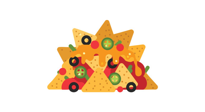 A flat-design illustration of a pile of corn chips loaded with cheese, olives, jalapenos, and tomato. Isolated on a white background