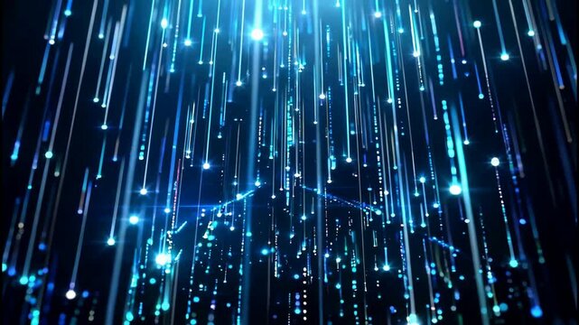 Glowing blue lines and dots fall rapidly in a dark space with technology and science elements