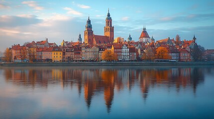 Fototapeta premium City skyline reflection on calm river at sunrise or sunset