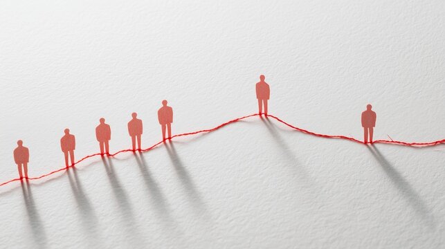 A minimalist composition where one red thread connects a group of people