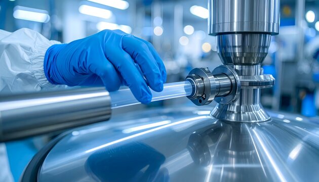 Lab Technician Connecting Translucent Tube to Stainless Steel Port on Bioreactor Equipment