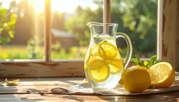 Jarra de agua con lim&oacute;n sobre mesa de madera junto a ventana soleada en cocina luminosa