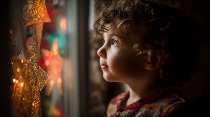 Obraz premium Young Child Gazing at Decorative Lights with Wonder and Curiosity in a Cozy Interior Setting during the Festive Season
