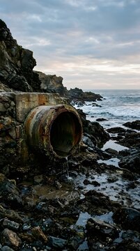 Sewer Outfall Pipe at Low Tide with Ocean Rocks and Soft Coastal Light Beyond