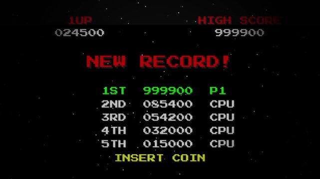 Retro Arcade Scoreboard Showing New Record High Score. 4K Video