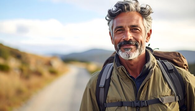 Hombre maduro con mochila sonriendo en carretera rural durante una ruta de senderismo en la naturaleza