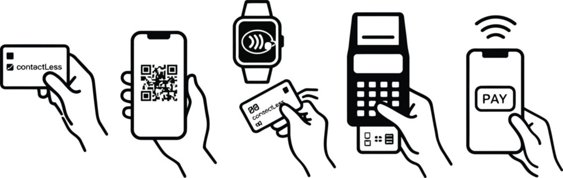 collection of nfc payment, minimal thin icon vector set , white background , PNG and SVG isolate
Set of five isometric line art icons representing modern payment methods including qr code scanning 