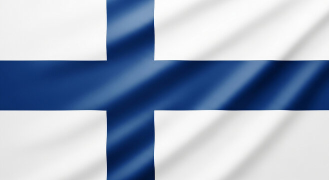 A high-quality, realistic close-up of the Finnish national flag waving, featuring the iconic blue Nordic cross on a white background with detailed fabric textures.