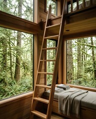 Fototapeta premium Narrow Cedar Ladder Inside Luxury Oregon Coast Treehouse with Forest Canopy Beyond the Windows