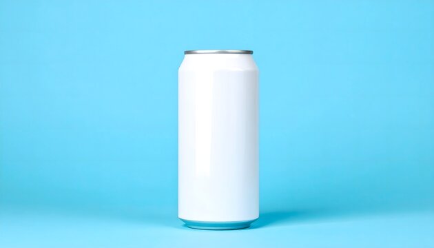 Lata blanca sin marca sobre fondo azul en composici&oacute;n minimalista para mockup de bebida