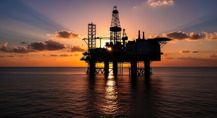 Obraz premium Offshore Oil Rig Silhouette at Sunset - Energy Extraction.