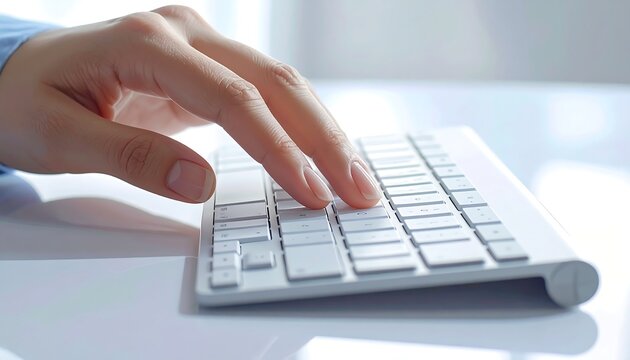 A hand hovers over a computer keyboard on a white desk
