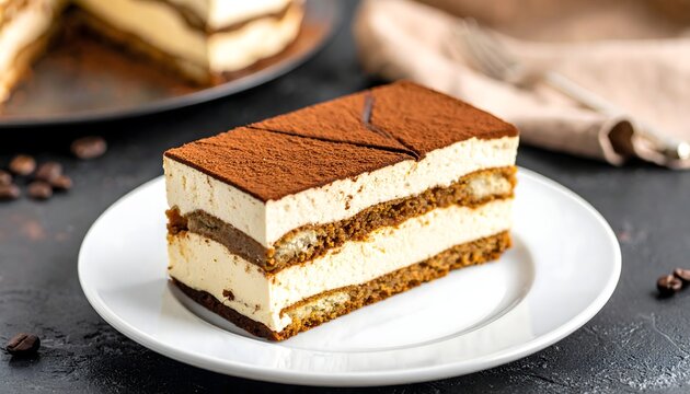 Porci&oacute;n de tiramis&uacute; cl&aacute;sico con cacao espolvoreado servida en plato blanco sobre mesa de madera