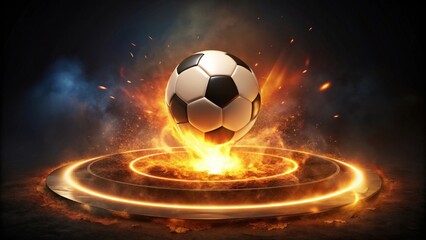 Fototapeta premium Fiery Football Descent A Soccer Ball Explodes in a Ring of Fire, Creating a Dramatic and Energetic Visual