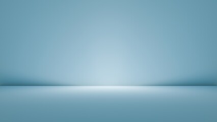 Empty blue studio room background with soft center spotlight. Professional 3D interior stage for product placement, clean minimal light blue wall and floor backdrop for creative presentation © boommaval