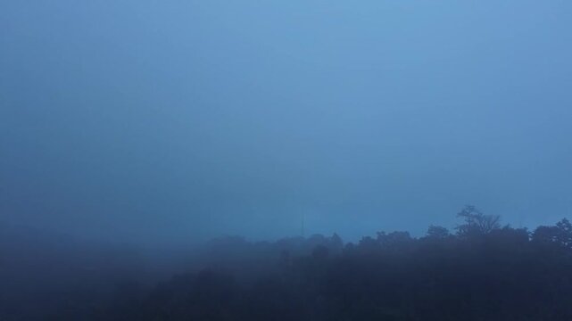 A cinematic aerial perspective reveals the dense tropical canopy of Banten submerged under a thick layer of morning mist. 