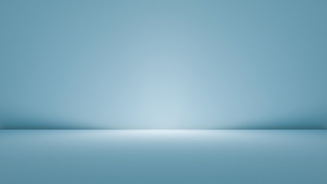 Empty blue studio room background with soft center spotlight. Professional 3D interior stage for product placement, clean minimal light blue wall and floor backdrop for creative presentation