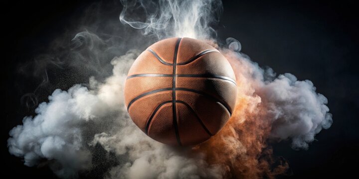 A basketball suspended in a swirling cloud of smoke and dust, a dynamic image depicting the energy and excitement of the game