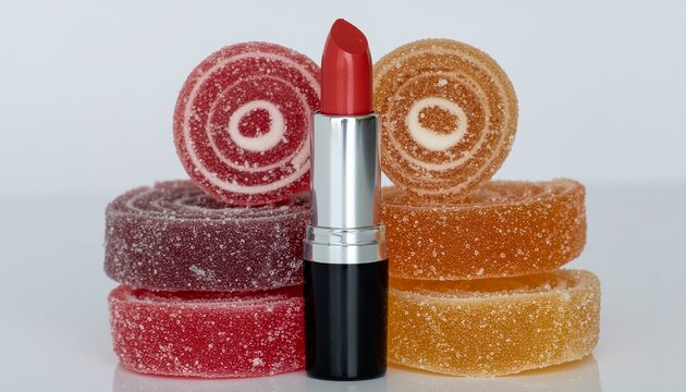 Classic Red Lipstick Bullet Standing in Front of Colorful Spiral Sugar Coated Gummy Candies