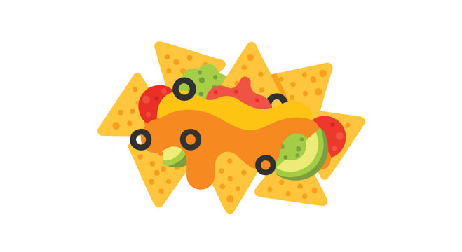 A vector illustration depicts a serving of tortilla chips covered with toppings, including yellow cheese, guacamole, and olives