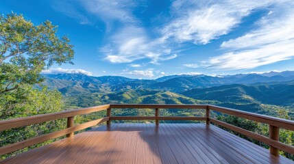 Obraz premium Mountain summer rental lodge with a wooden balcony offering breathtaking scenic views.