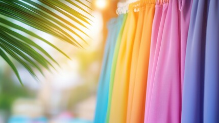 Bright summer retail display with colorful dresses and beach accessories in a boutique window.