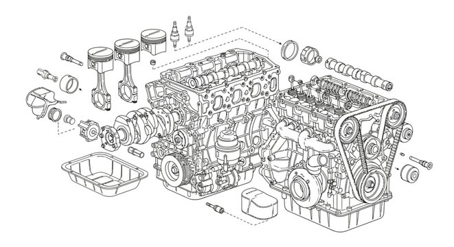 Exploded view of a complex internal combustion engine showing all its individual components.
