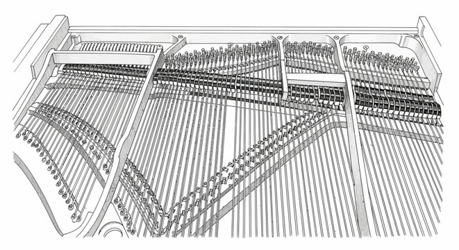 Detailed technical illustration of a grand piano's internal stringing system and cast iron frame.