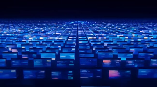 Futuristic data center with glowing blue server monitors, digital information highway in a dark room, massive computer network array for cloud computing 4k