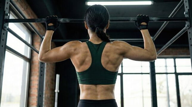 Woman doing pull-ups in gym. Strength and peak physical fitness.