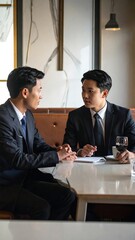 Fototapeta premium Two men in suits sitting at a table in a restaurant