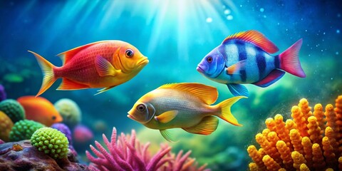 Fototapeta premium Vibrant aquatic life thrives beneath sunlit ocean surface, showcasing colorful swimmers amidst coral gardens