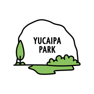 Yucaipa Park Illustration: A simplistic yet inviting illustration featuring the name of Yucaipa Park against a backdrop of a mountain, complemented by a tree and bushes. 