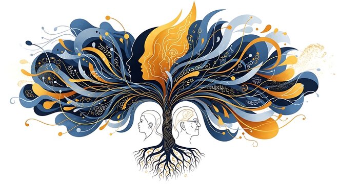 Abstract illustration of a human mind as a tree of knowledge and consciousness.
