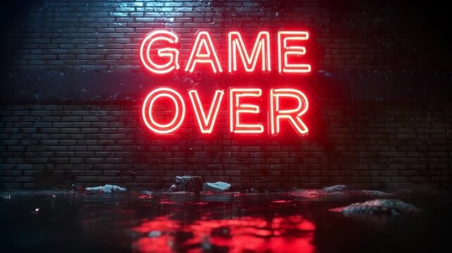 Red Game Over neon sign glowing on a dark brick wall with wet reflections