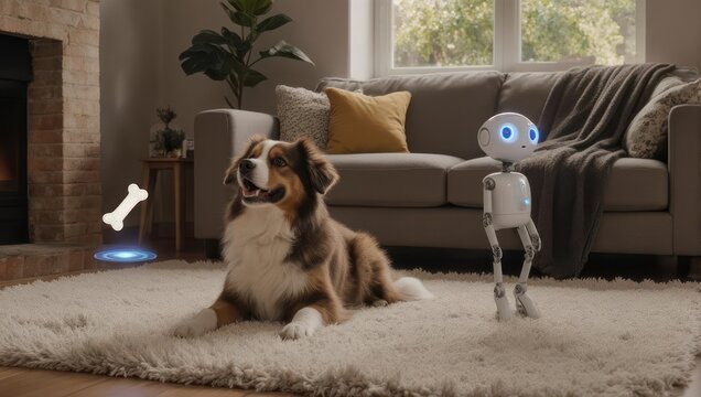 Dog and robot companion in a cozy living room with a floating bone icon.
