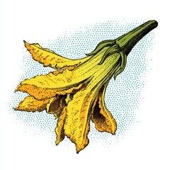 Fototapeta premium Yellow Squash Blossom with Green Stem and Teal Speckled Background Detailed Illustration