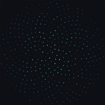 Abstract halftone dot pattern in teal and blue, circular geometric stipple texture on black background, modern digital data visualization vector