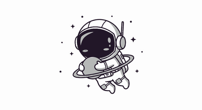 Cute Cartoon Astronaut Floating in Space with Planet Ring.