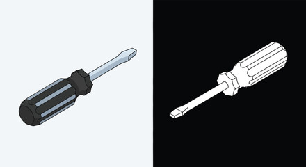Fototapeta premium Isometric illustration of a flathead screwdriver with a black handle, presented alongside its black and white outline drawing.