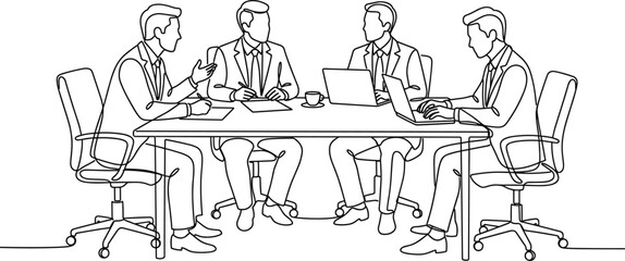 Fototapeta premium Four business professionals engaged in discussion around table with laptops and documents during office meeting line art illustration