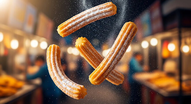 Freshly fried golden brown churros floating in mid-air with white powdered sugar being sprinkled over them against a blurred night market background.